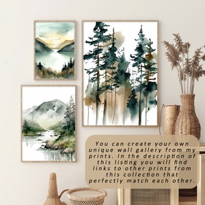 May include: Three framed watercolor landscape prints. The prints feature scenes of mountains, trees, and water in shades of green, blue, and brown. The frames are a light wood color. The text in the image says, "You can create your own unique wall gallery from my prints."