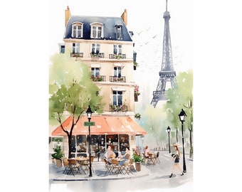 Peinture Paris Tour Eiffel impression d'art aquarelle scène parisienne Illustration France paysage urbain art mural printemps décoration murale