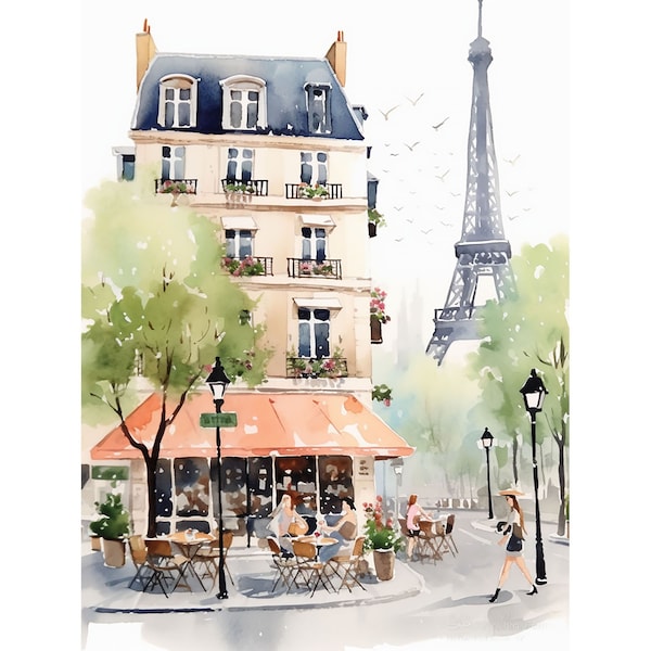 Pintura de París Torre Eiffel acuarela arte impresión escena parisina ilustración Francia paisaje urbano arte de la pared decoración de la pared de primavera