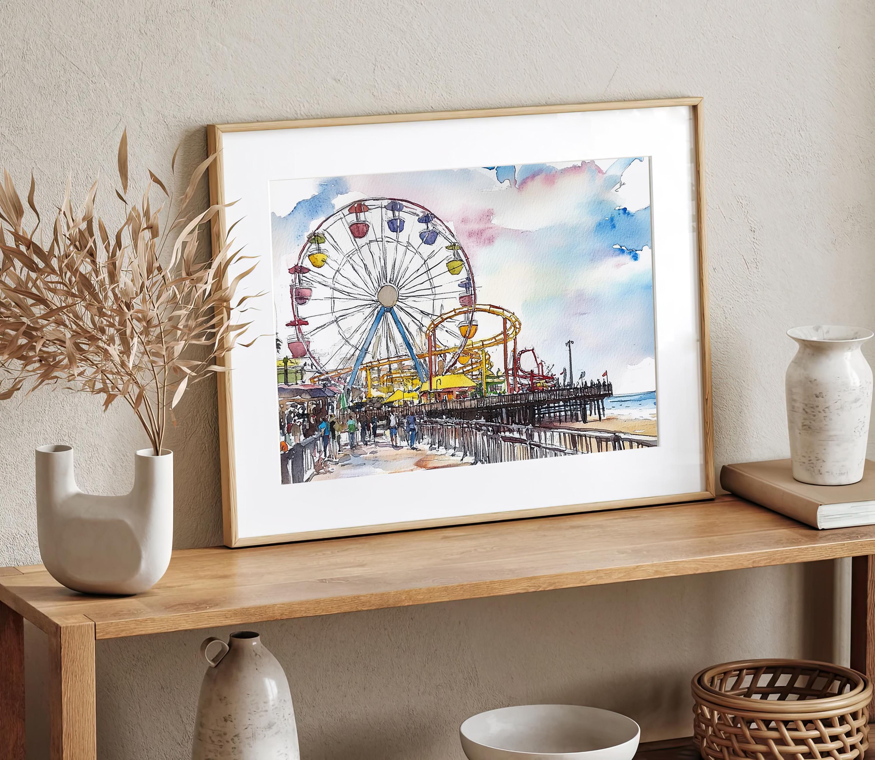 Santa Monica Pier Watercolor Print California Wall Art Los Angeles