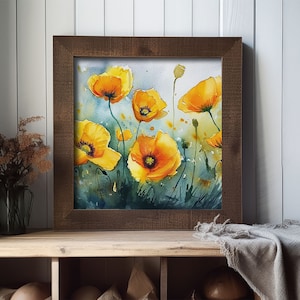 May include: A watercolor painting of yellow poppies in a field. The painting is framed in a dark brown wood frame.