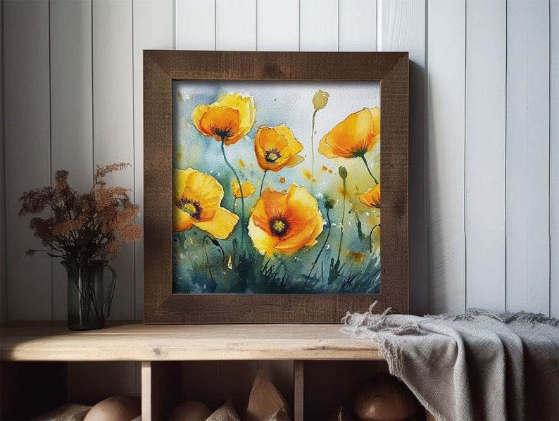 May include: A watercolor painting of yellow poppies in a field. The painting is framed in a dark brown wood frame.