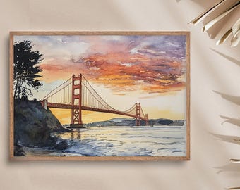 ゴールデンゲートブリッジの絵画、サンフランシスコ湾の水彩画アート