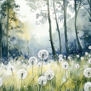 Sommer Feld Malerei Flauschige Pusteblume Aquarell Kunstdruck Weiße Löwenzahn Wiese Wand Kunst Grüne Wald Landschaft Wand Kunst Blumen Wiese