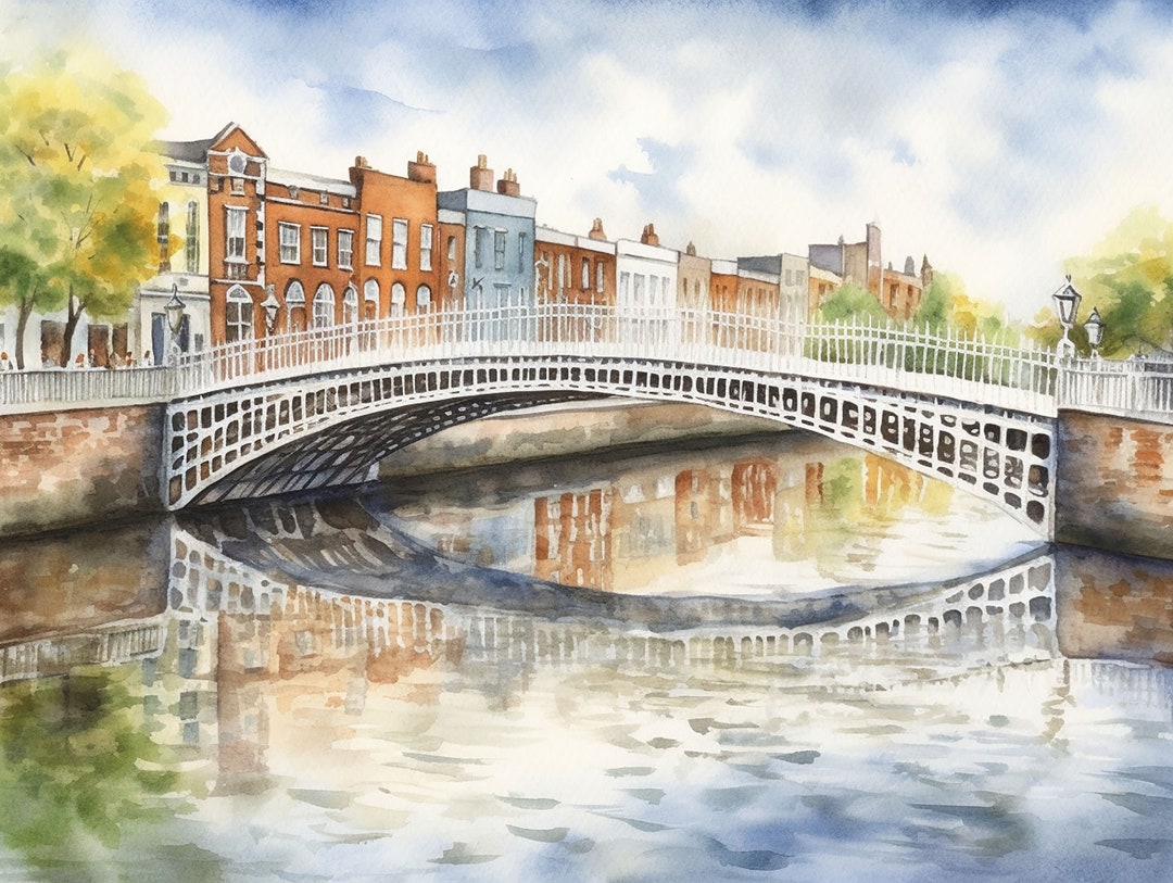 Ha'penny Bridge Painting Dublin Cityscape Watercolor Ireland Landscape