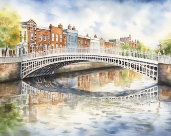 Ha'penny Bridge Painting Dublin Cityscape Watercolor Ireland Landscape River Liffey Art Print Bridge Artwork