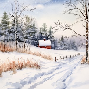 Christmas Art Snowy Farmhouse Watercolor Painting Idaho Snow Scene Wall Art Winter Pine Forest Landscape Artwork