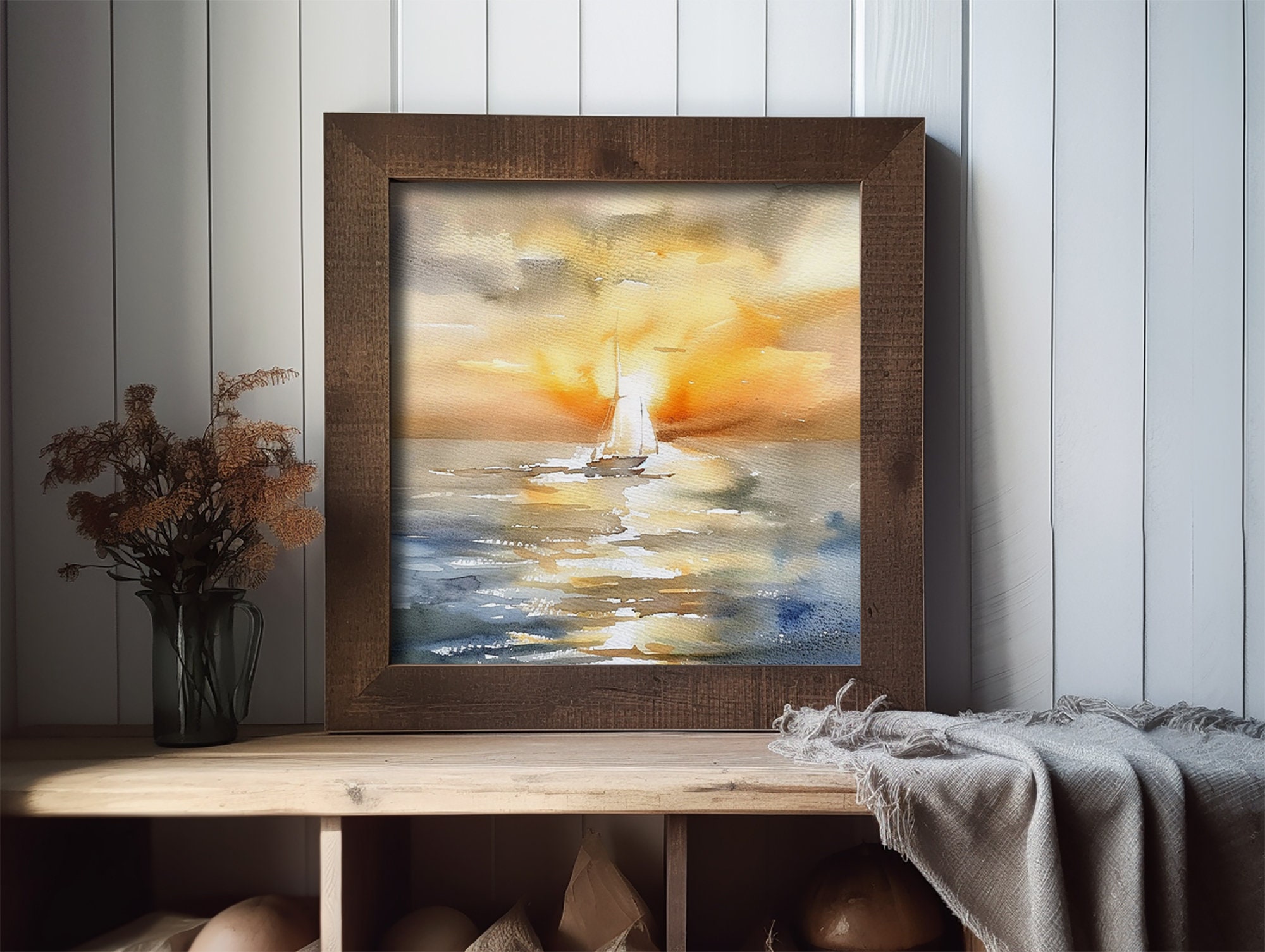 帆船アートプリント 水彩画 夕焼け ウォールアート サンディエゴ