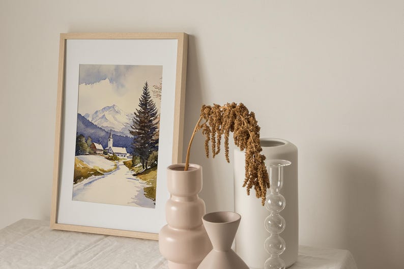 Stowe Painting Vermont Watercolor Art Print Winter Landscape Wall Art Snowy Road Art Snowfall Print