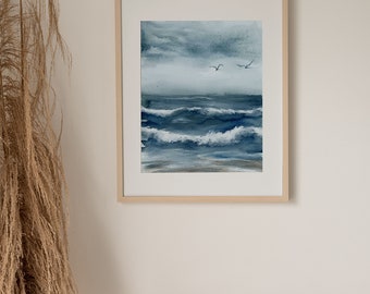 海の波、水彩画、紙にプリント、嵐の海の景色、海鳥、霧のかかった