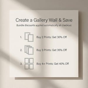 May include: A square, off-white sign with text promoting gallery wall art. The text reads "Create a Gallery Wall & Save" and details bundle discounts: Buy 2 prints, get 30% off; Buy 3 prints, get 35% off; Buy 4+ prints, get 40% off.