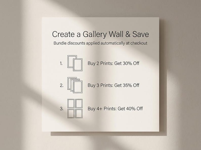 May include: A square, off-white sign with text promoting gallery wall art. The text reads "Create a Gallery Wall & Save" and details bundle discounts: Buy 2 prints, get 30% off; Buy 3 prints, get 35% off; Buy 4+ prints, get 40% off.
