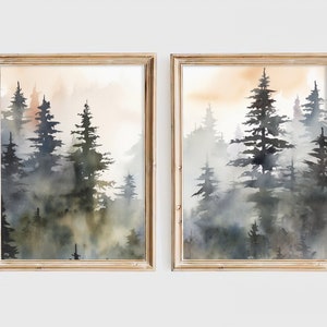 Pine Tree Wall Art Set of 2 Forest Watercolor Painting Evergreen Tree ...