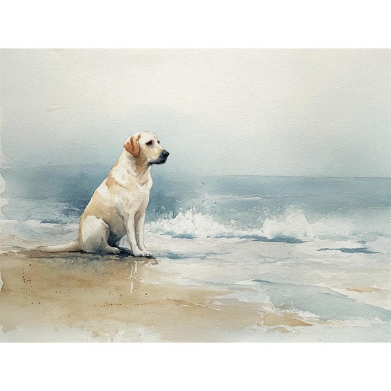 ビーチのラブラドール犬 水彩画プリント 紙に描かれた穏やかな海岸の