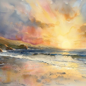 Strand Malerei Sonnenuntergang am Strand Aquarell Kunstdruck Meer Wand Kunst Seelandschaft Print Nautische Wanddekor