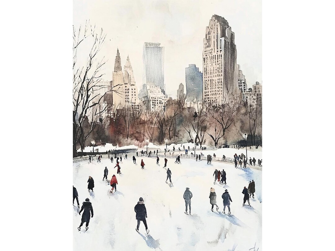 Central Park Painting Ice Skating Watercolor Art Print New York Skyline ...