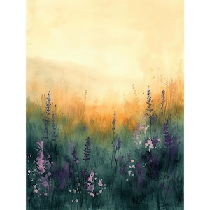 Meadow Painting Sunset Landscape Watercolor Art Print Purple Wildflowers Wall Art Floral Rustic Wall Decor