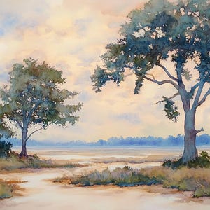 Dipinto di palude, Kiawah Island, acquerello, stampa artistica, paesaggio della Lowcountry, arte murale, opera d'arte di palude salata, poster della Carolina del Sud