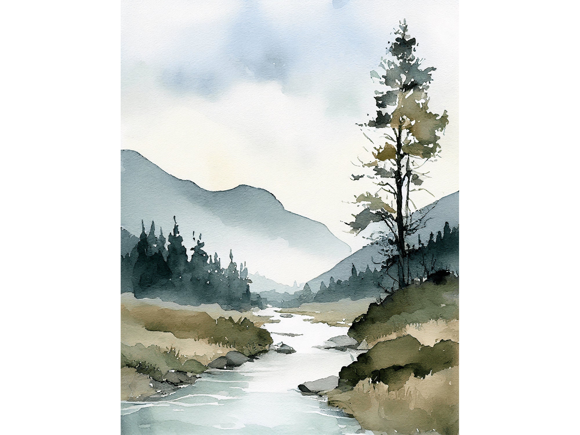 アイダホ州の絵画、山、川、風景、水彩画、松の木、アートプリント