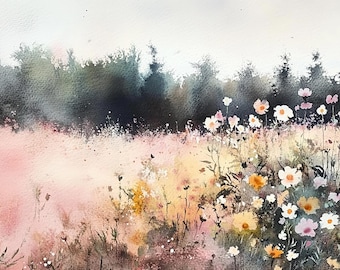 Wildflowers Painting Gunnison Forest Watercolor Art Print Flower Field Wall Art Sunrise Wall Art Green Pink Poster Colorado Nature Landscape