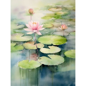 Lotus Painting Pond Watercolor Art Print Water Lily Flower Wall Art Floral Wall Decor Garden Landscape Artwork