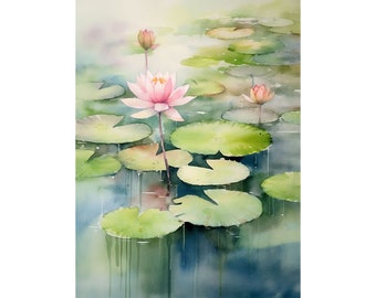 Lotus Painting Pond Watercolor Art Print Water Lily Flower Wall Art Floral Wall Decor Garden Landscape Artwork