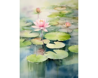 Lotus Painting Pond Watercolor Art Print Water Lily Flower Wall Art Floral Wall Decor Garden Landscape Artwork