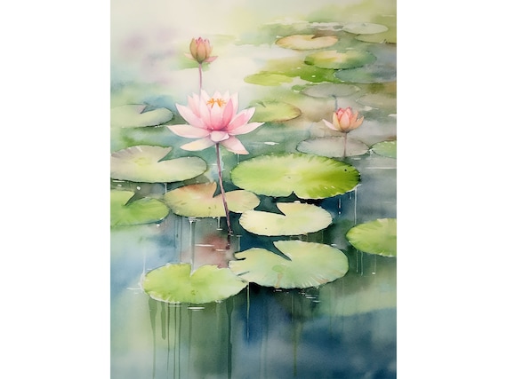 Lotus Painting Pond Watercolor Art Print Water Lily Flower Wall Art Floral Wall Decor Garden Landscape Artwork
