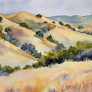 California Hills Painting San Luis Obispo Watercolor Art Print Landscape Art Print Oak Tree Wall Art Forest Mountain Print