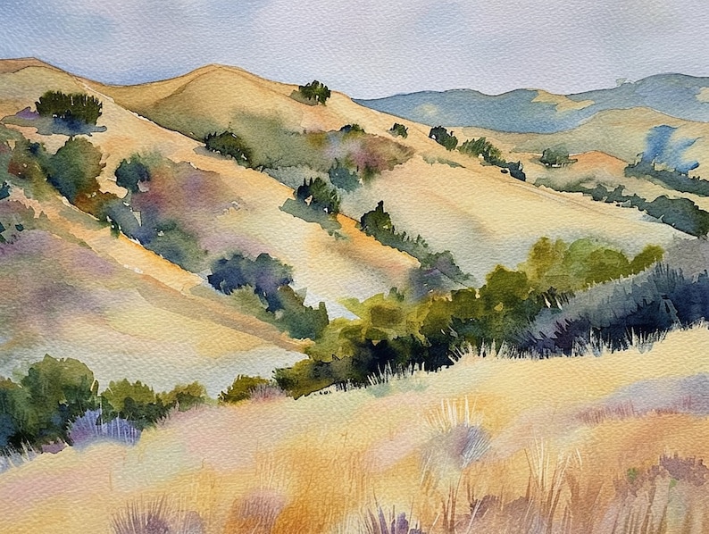 May include: Watercolor painting of rolling hills with green trees and a light blue sky. The hills are a light brown color and the trees are a variety of shades of green.