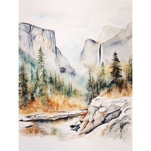 ヨセミテ渓谷の絵画 エルキャピタン 水彩画 アートプリント 国立公園 壁画 山の風景 常緑樹林アート