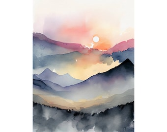 Smoky Mountains Painting Misty Mountains Wall Art Print Neutral Watercolor Landscape Sunrise Mountains Art