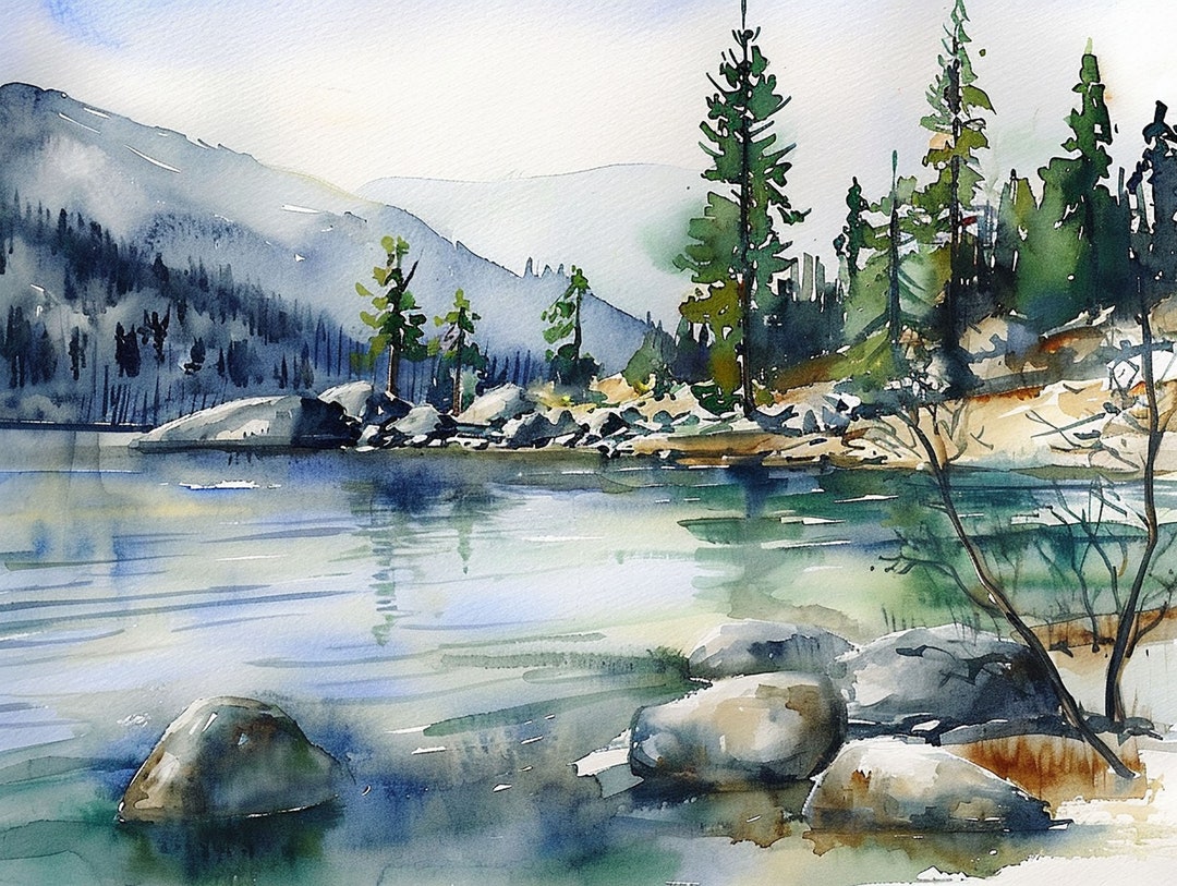 Lake Tahoe Painting California Nature Art Print Mountain Lake ...