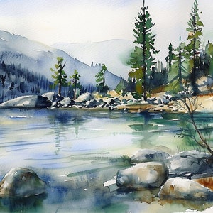 Lake Tahoe Painting California Nature Art Print Mountain Lake Watercolor Painting Rocky Shores Art Pine Forest Landscape Print