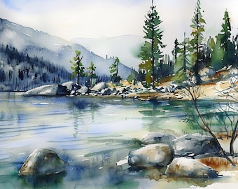 タホ湖の絵画 カリフォルニアの自然アートプリント 山の湖の水彩画 岩の多い海岸のアート 松林の風景プリント