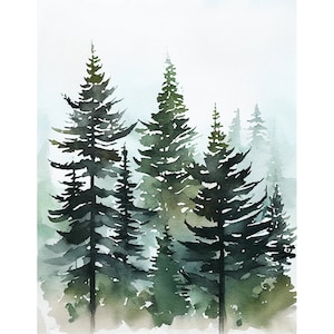 Immergrüne Bäume Print Pine Tree Aquarell Misty Forest Poster Neutral Grün Grau Wandkunst