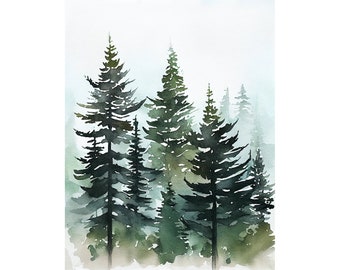 Evergreen Trees Print Pine Tree Watercolor Misty Forest Poster Neutral Green Gray Wall Art