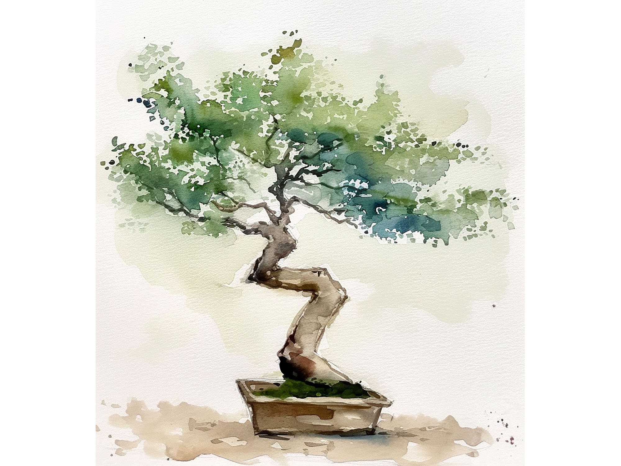 盆栽の木の絵画 盆栽水彩画 緑の木の壁アート ジクレープリント 植物