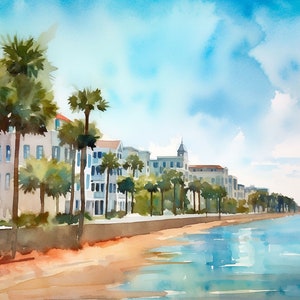 Battery Charleston Painting Beach Watercolor South Carolina Landscape Wall Art Charleston SC Print Pal Trees Art Coastal Artwork