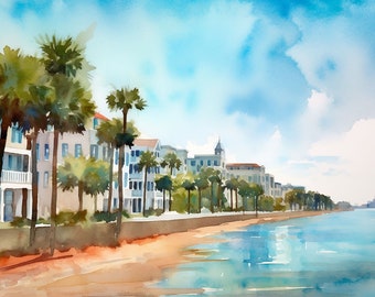 Puede incluir: Pintura acuarela de una ciudad costera con edificios blancos, palmeras y una playa de arena. El agua es de color azul claro y el cielo es de color azul brillante con nubes blancas.