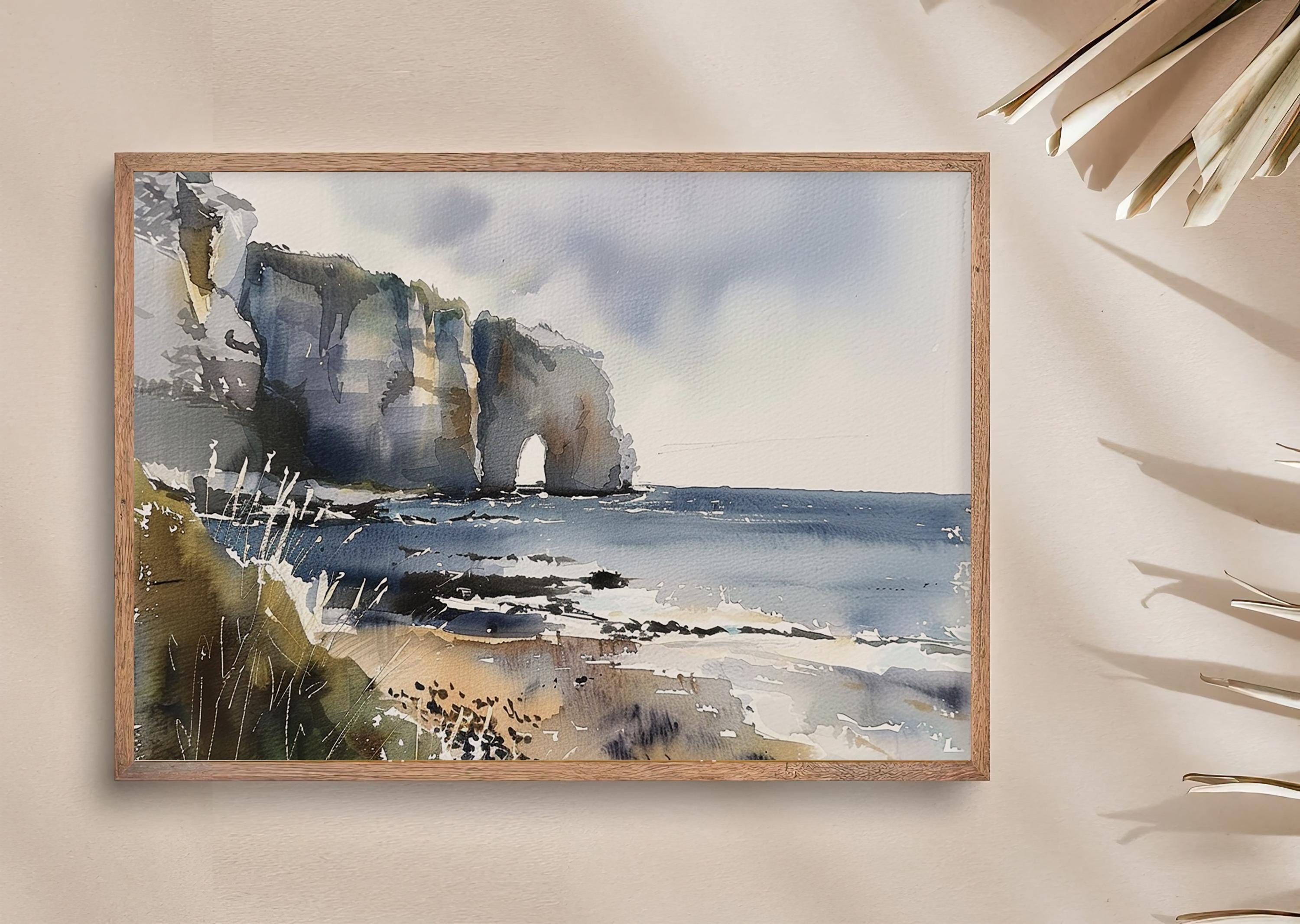 ノルマンディーの絵画 エトルタの崖 水彩画 アートプリント フランス
