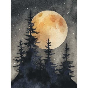 May include: Watercolor painting of a full moon over a silhouetted forest. The moon is a warm yellow-orange, and the trees are dark blue-black. The night sky is a gradient of gray with small white stars.