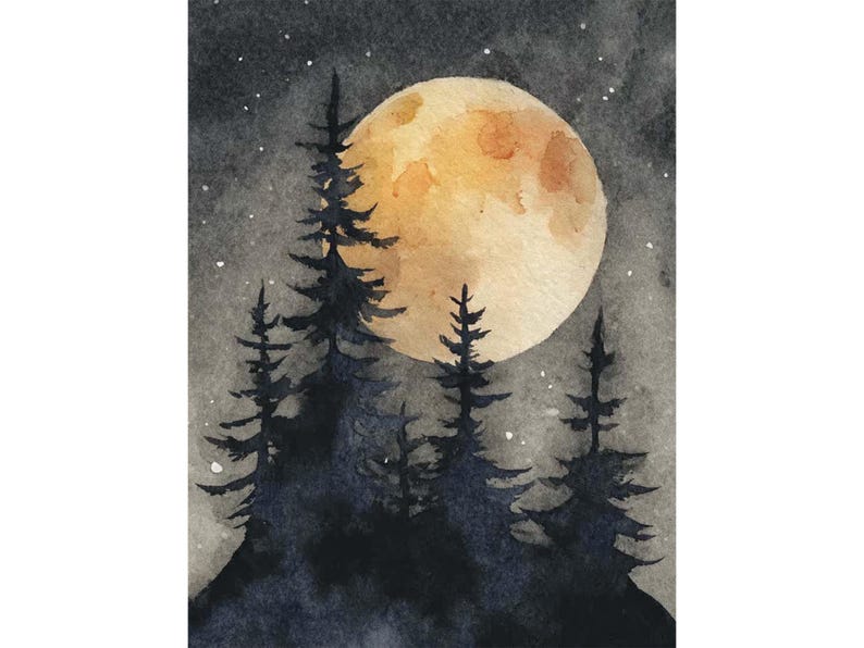 May include: Watercolor painting of a full moon over a silhouetted forest. The moon is a warm yellow-orange, and the trees are dark blue-black. The night sky is a gradient of gray with small white stars.