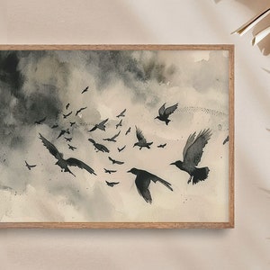 Raven Painting Bird Watercolor Art Print Stormy Grey Sky Wall Art Flying Crows Art Clouds Poster Flock Of Ravens Artwork image 3