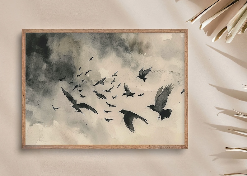 Raven Painting Bird Watercolor Art Print Stormy Grey Sky Wall Art Flying Crows Art Clouds Poster Flock Of Ravens Artwork image 3