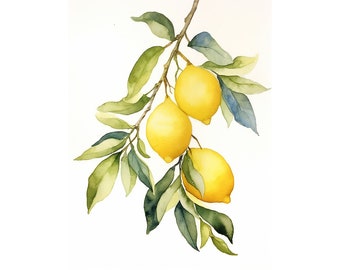 Lemon Painting Watercolor Art Print Lemon Branch Wall Art Botanical Poster Yellow Lemons Artwork Fruit Kitchen Wall Decor