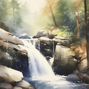 Falls Malerei Wald Wasserfall Kunstdruck North Carolina Landschaft Aquarell Natur Poster Felsen im Wasser Kunstwerk