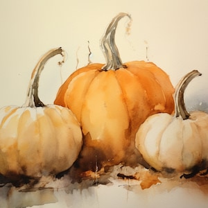 Impresión artística de calabaza, póster de otoño, calabazas, pintura de acuarela, decoración de pared de granja