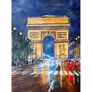 パリの絵画、凱旋門、水彩画、アートプリント、パリの風景、イラスト、フランス、壁アート、夜の街並み、ポスター