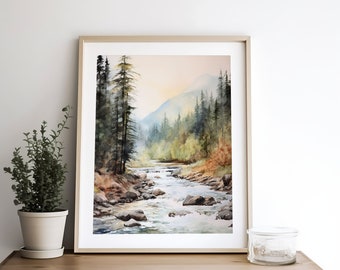 サーモン川アートプリント 山川水彩画 アイダホ風景 ウォールアート